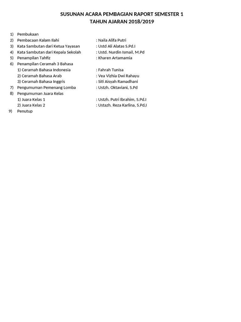 Susunan Acara Pembagian Raport 2018/2019 | PDF
