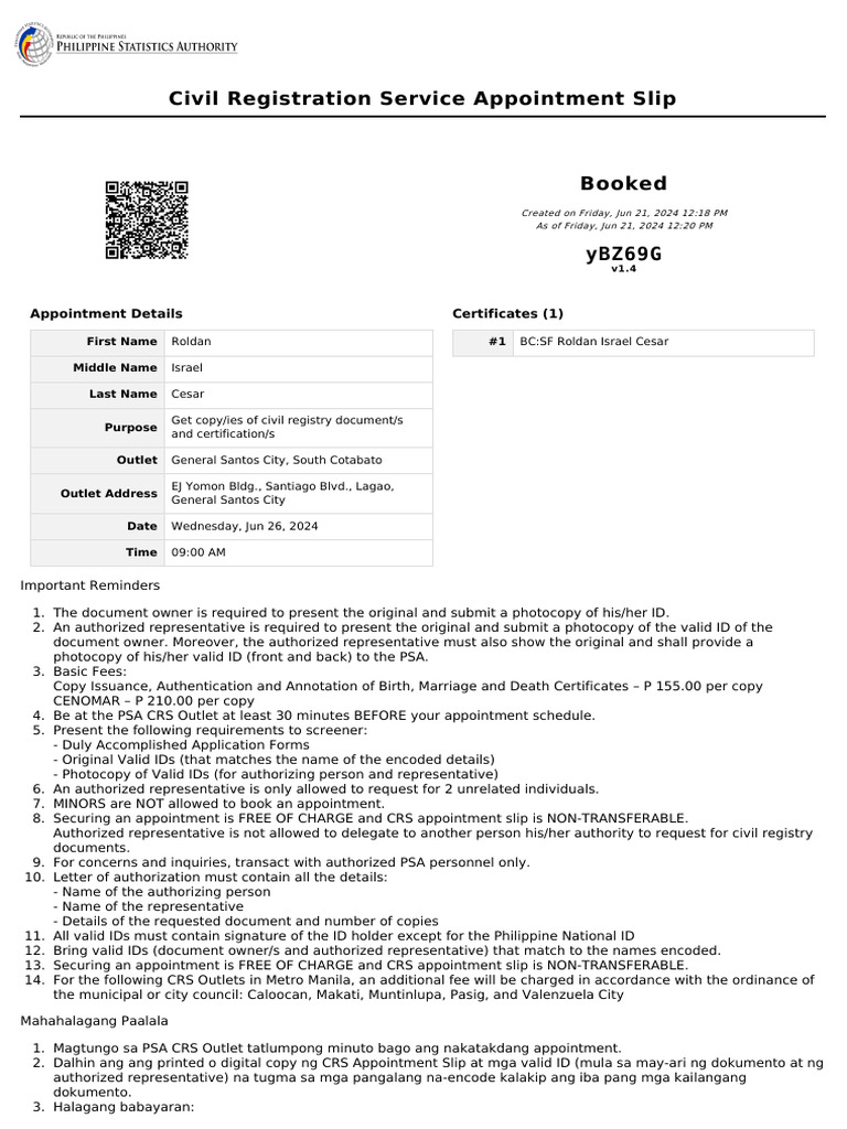 Civil Registration Appointment Details | PDF