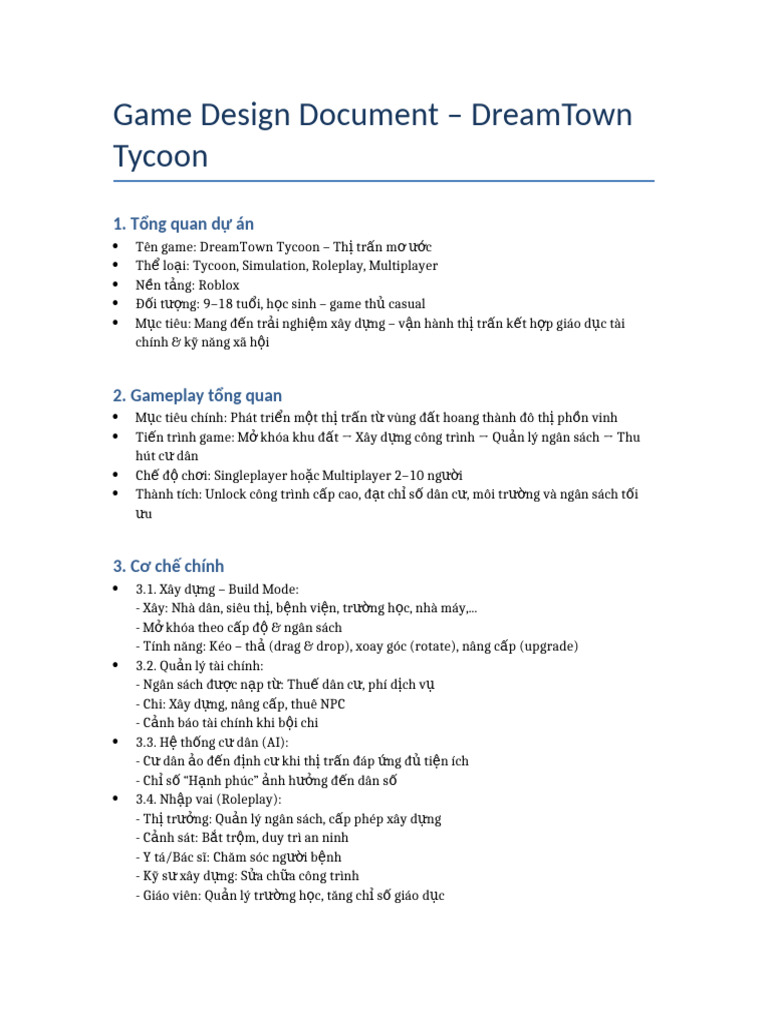 Game Design Document DreamTown Tycoon | PDF