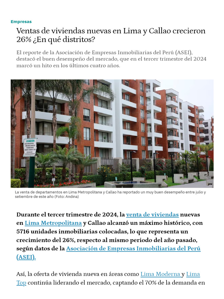 Ventas de viviendas en Lima crecen 26% | PDF | Lima | Mercado (economía)