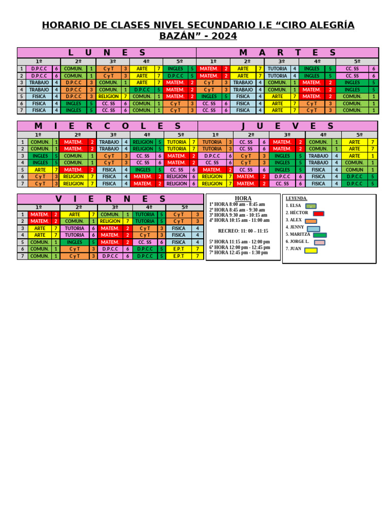 Horario Secundaria 2024 Ciro Alegria | PDF
