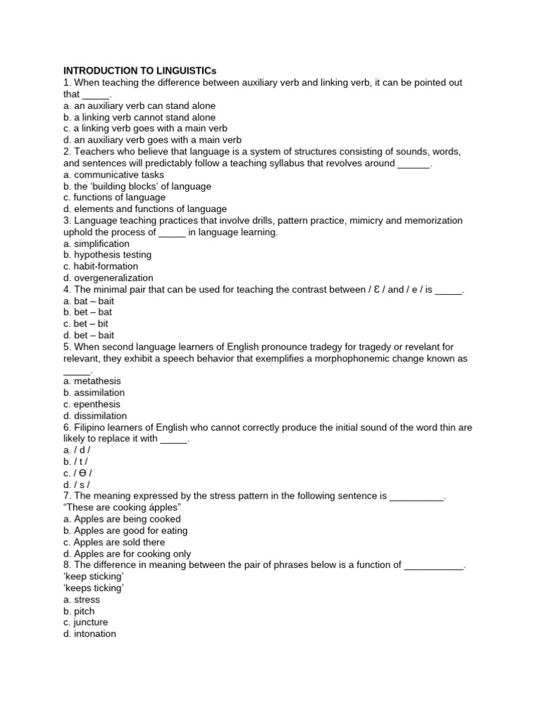 Introduction to Linguistics Quiz Guide | PDF | English Language | Word