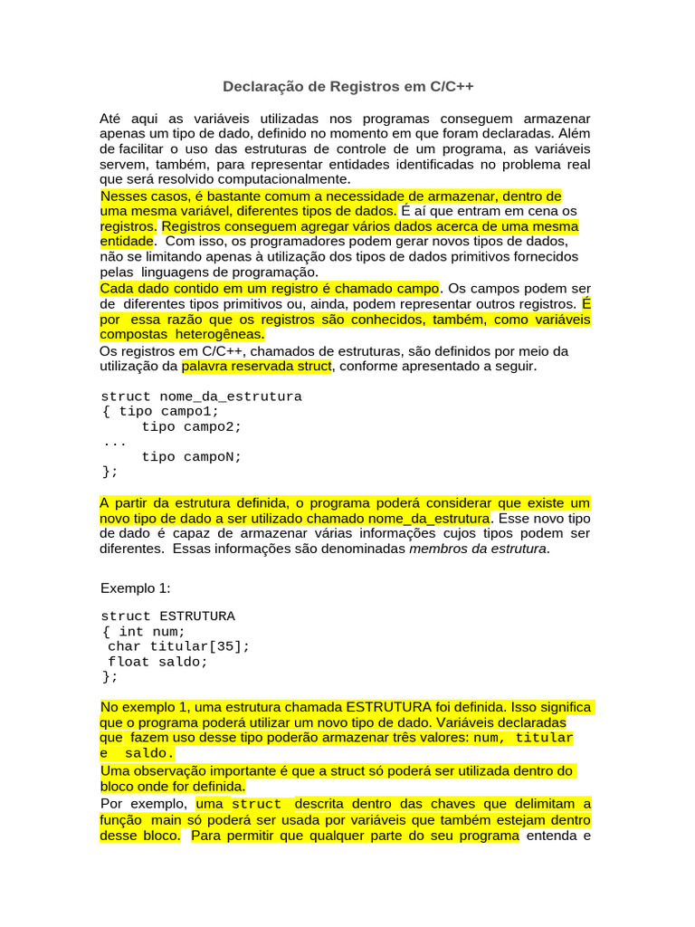 Registros em C/C++: Estruturas e Uso | PDF | Tipo de dados | C ...
