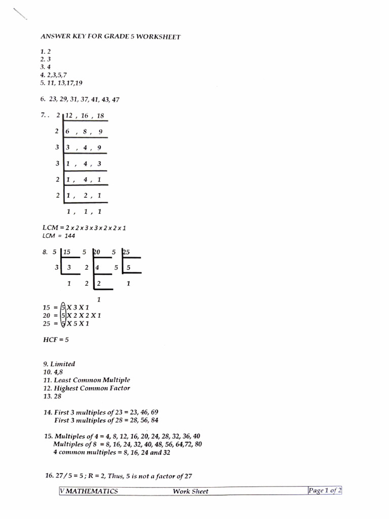 Grade 5 Mathematics Answer Key | PDF | Euclid | Number Theory