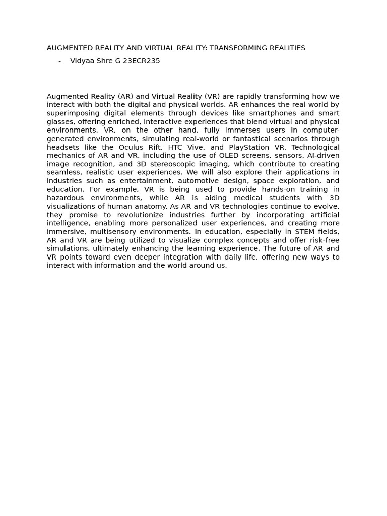 AUGMENTED REALITY AND VIRTUAL REALITY | PDF