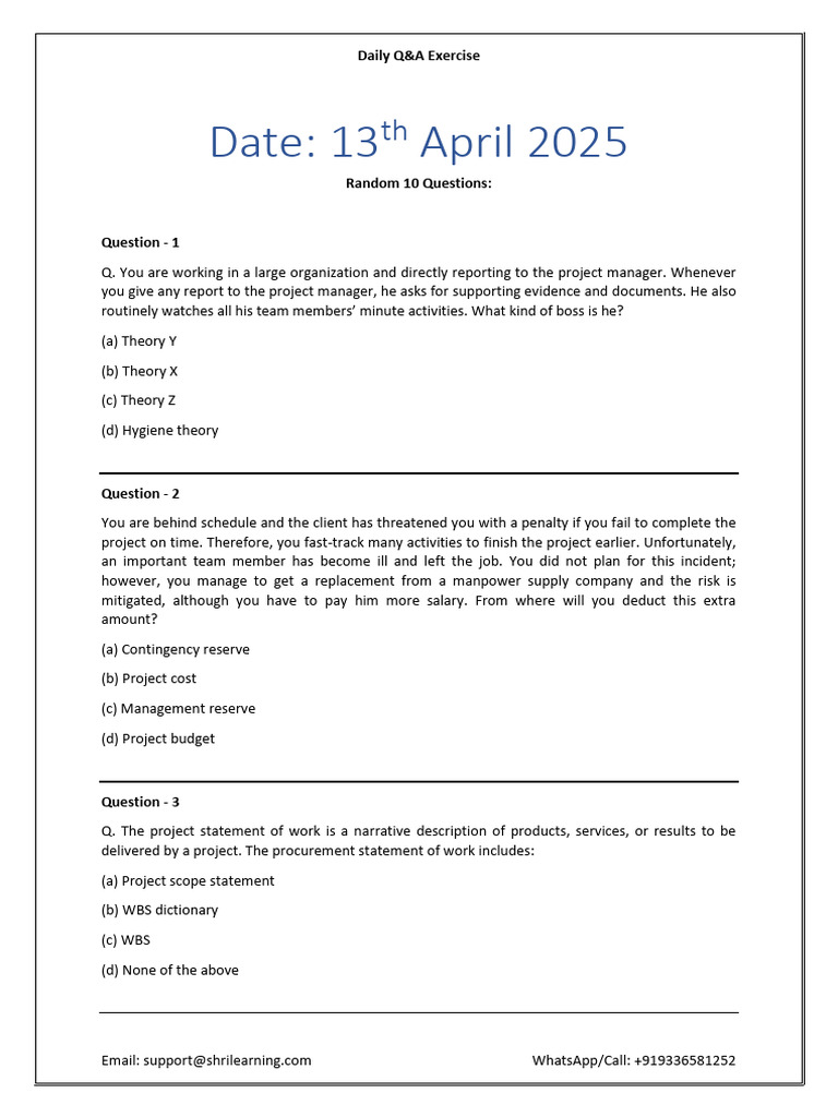 13th April'25 - PMP Question File - Daily Q&A | PDF | Project ...