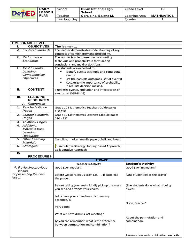 Grade 10 Probability Lesson Plan | PDF | Learning | Inquiry Based Learning