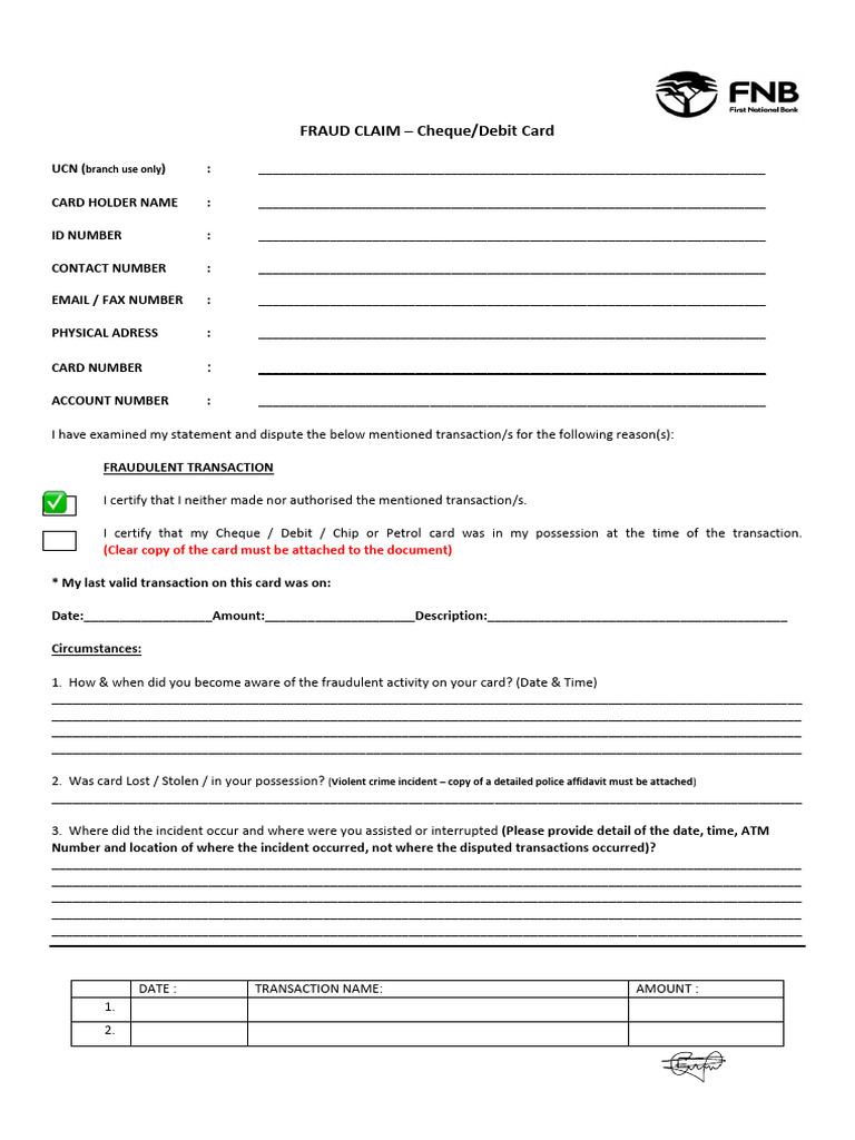 FNB Fraud Claim Form Submission | PDF | Cheque | Debit Card