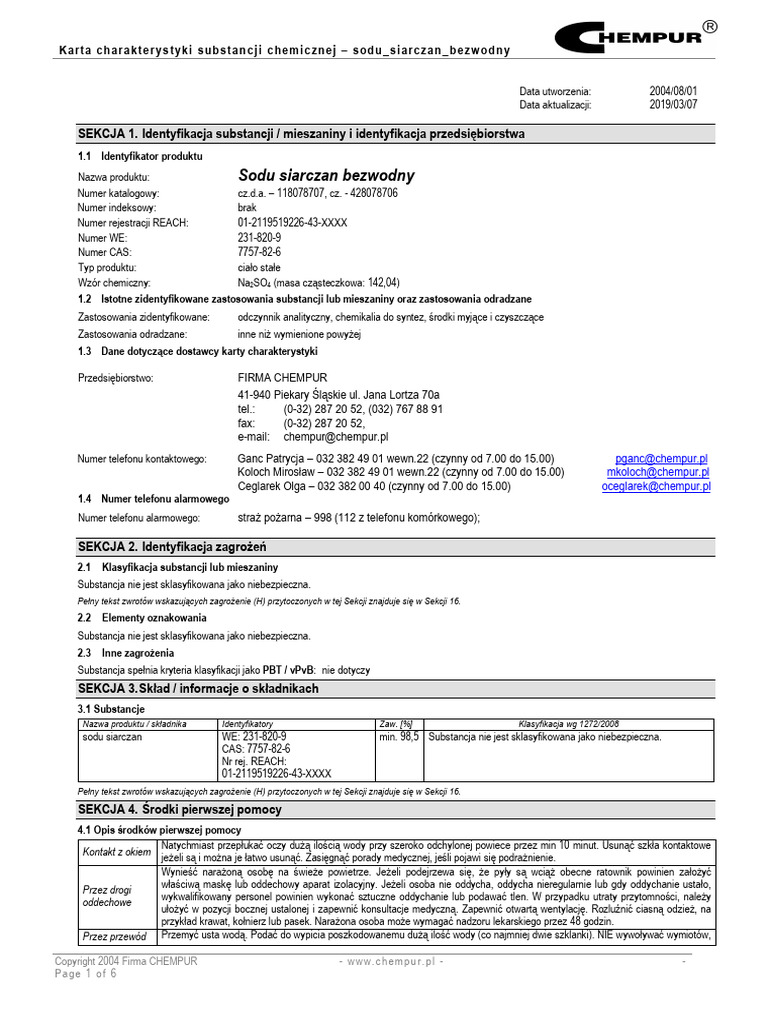 Msds Sodu Siarczan Bezwodny | PDF