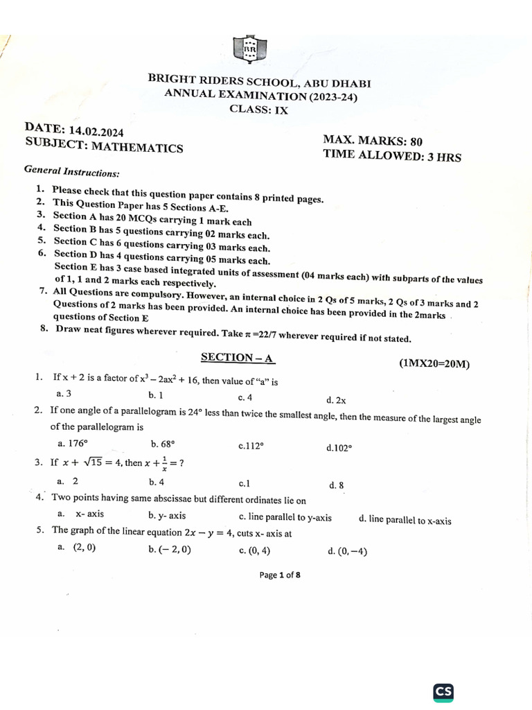 Bright Riders Math Annual Examination 2024 | PDF