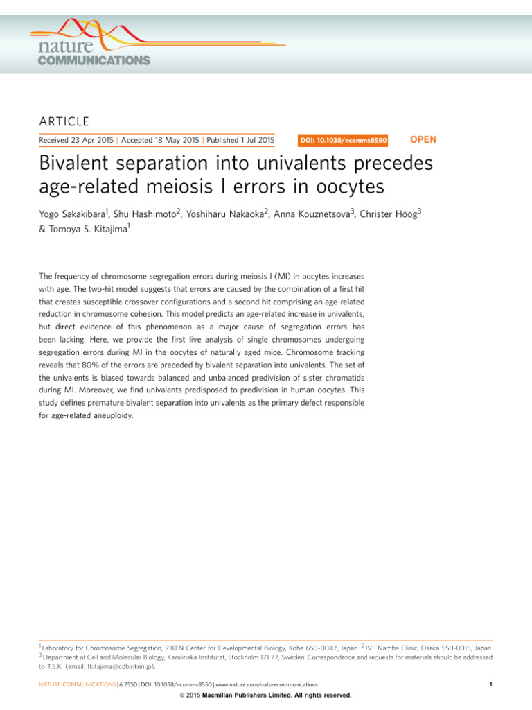Bivalent Separation Into Univalents Precedes Age-Related Meiosis I ...