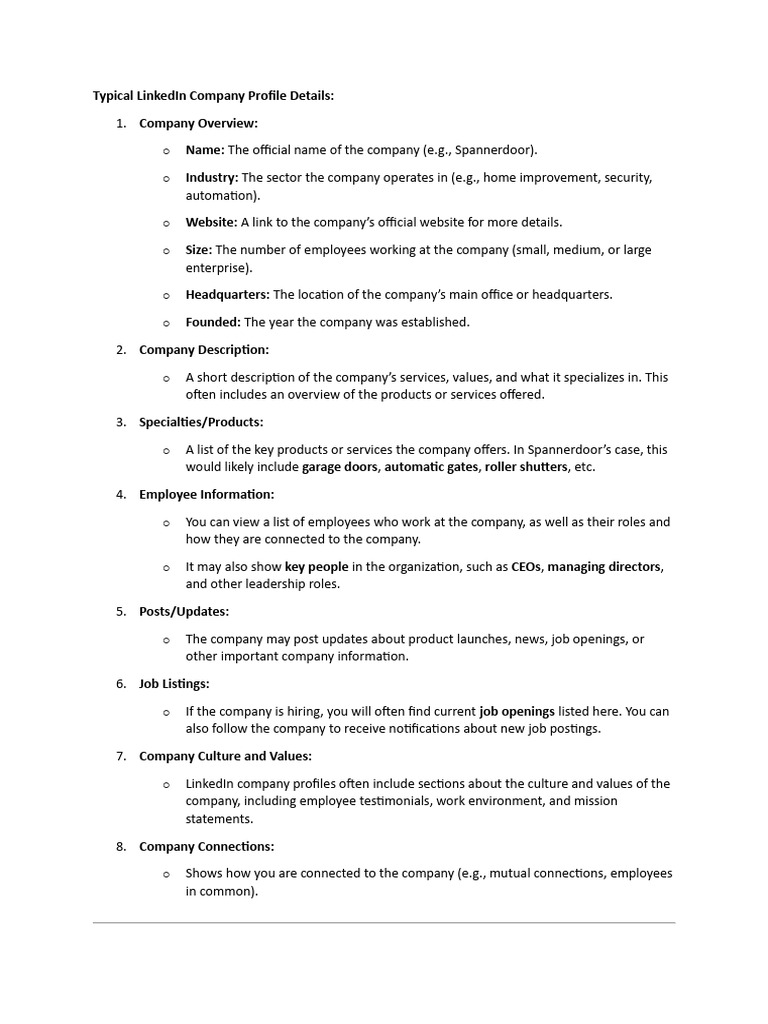Typical LinkedIn Company Profile Details | PDF | Linked In | Cyberspace