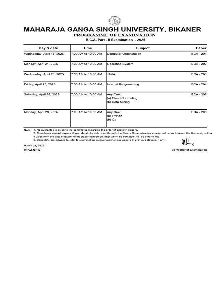 BCA 2nd Semester Exam Schedule 2025 | PDF