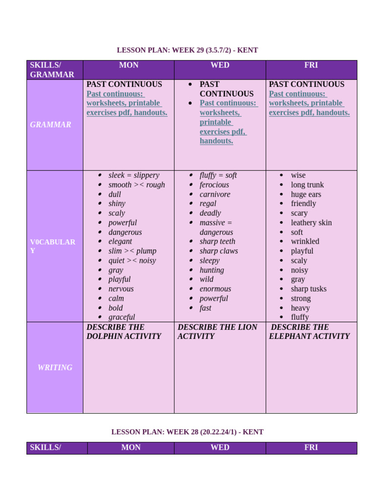 Week 29 Lesson Plan: Past Continuous | PDF
