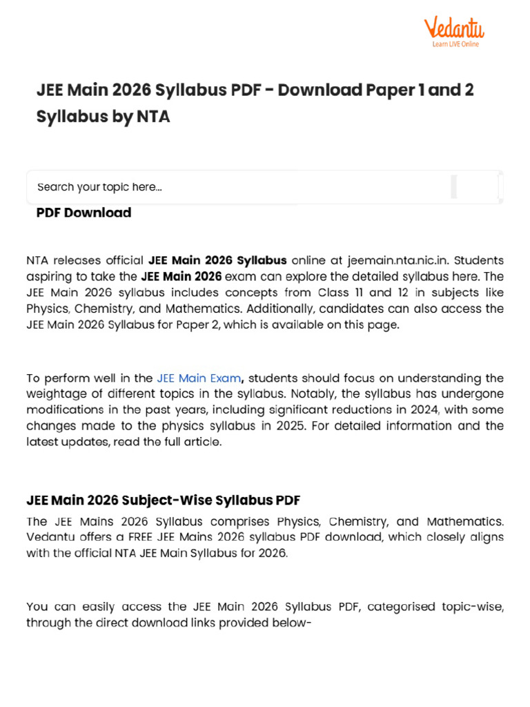 JEE Main 2026 Syllabus PDF - Download Paper 1 and 2 Syllabus by NTA | PDF