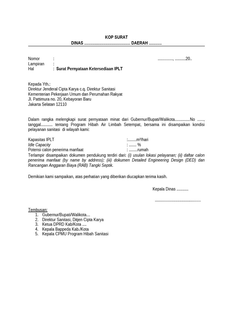 Form Surat Pernyataan Ketersediaan IPLT | PDF