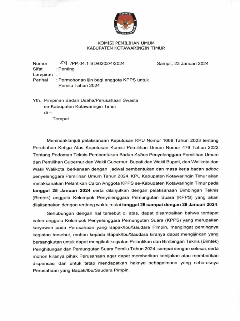 Permohonan Ijin Ke Perusahaan Bagi Anggota KPPS Untuk Pemilu Tahun 2024 ...