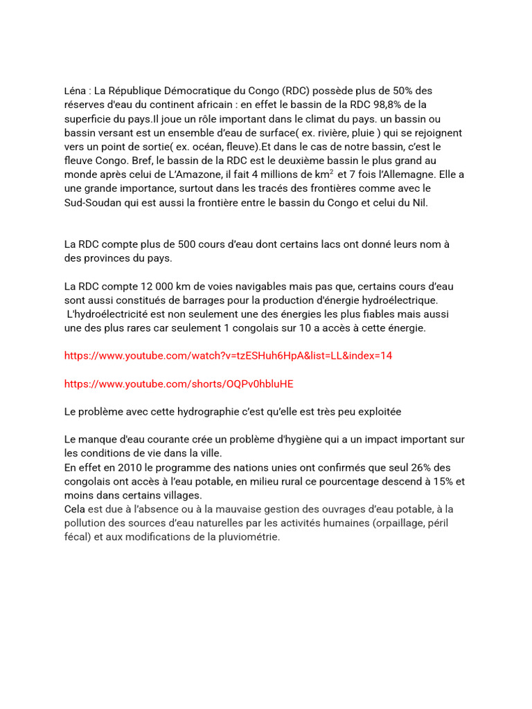 Hydrographie et accès à l'eau en RDC | PDF