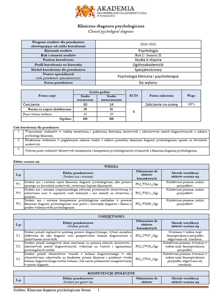 PS II 1 Kliniczna-Diagnoza-Psychologiczna FINAL | PDF