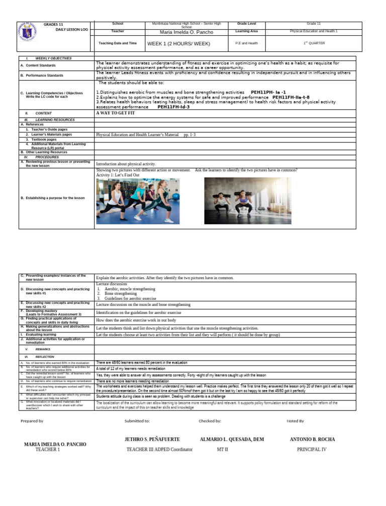 Grade 11 PE Health Weekly Objectives | PDF | Learning | Physical Education