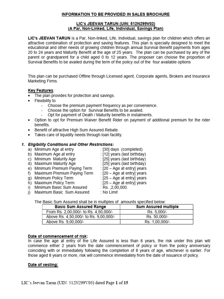 LIC Jeevan Tarun Plan Overview | PDF | Insurance | Interest