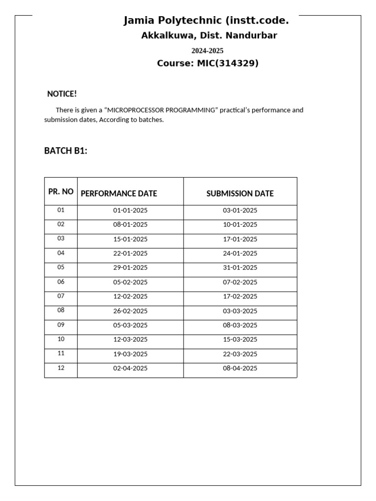 MIC Timetable for Practical Submissions | PDF