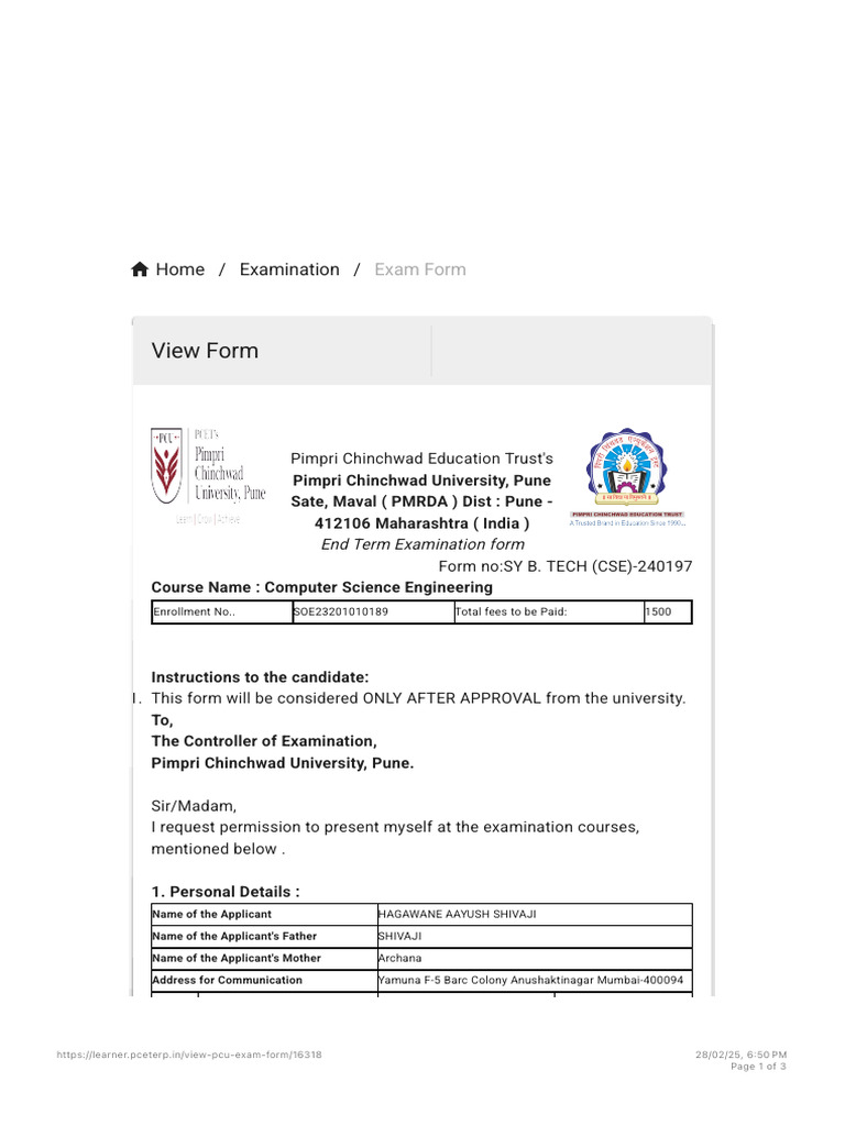 PCU Exam Form for CSE Students | PDF | Computing