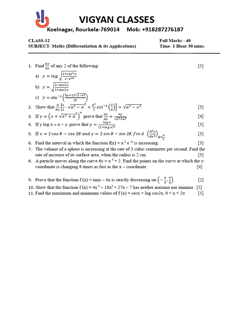 Grade 12 Maths: Differentiation Problems | PDF | Mathematics ...