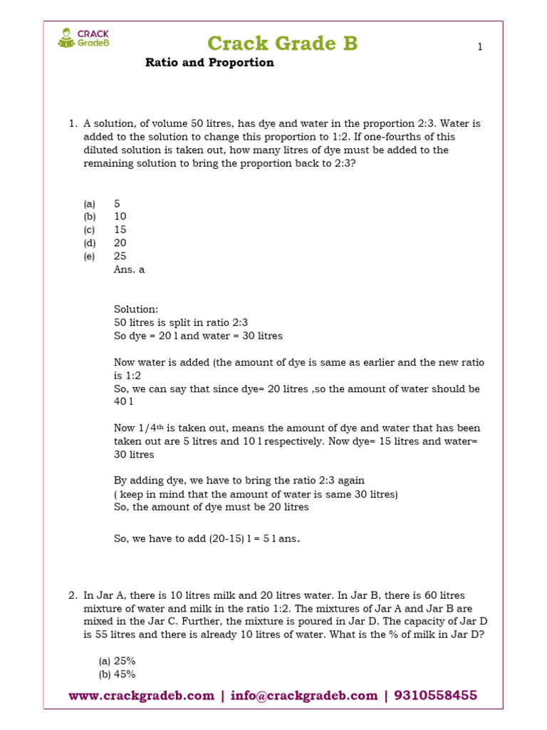 Ratio and Proportion Problem Solutions | PDF | Ratio | Percentage