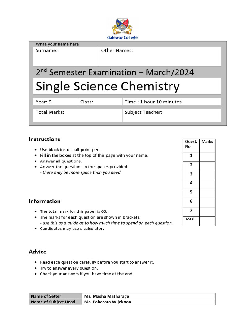 Year 9 Chemistry Exam Instructions | PDF | Chemical Reactions | Isotope
