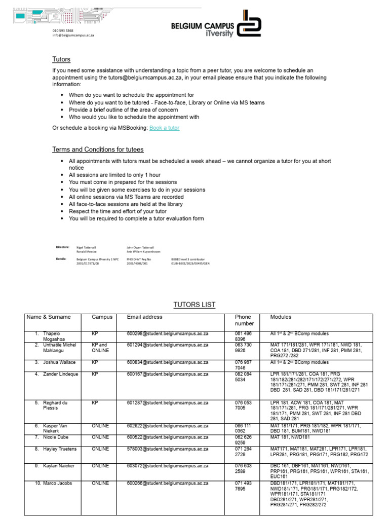 Tutor Appointment Guidelines at Belgium Campus | PDF