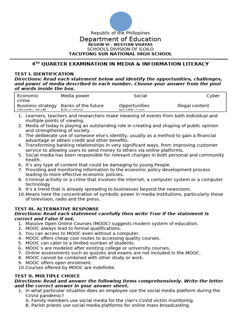 Media Literacy Exam for Students | PDF | Digital Audio | Massive Open ...