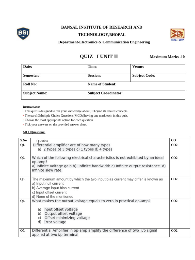 Quiz I UNIT II EMT EC 405 JAN-JUNE 2024 | PDF | Operational Amplifier ...