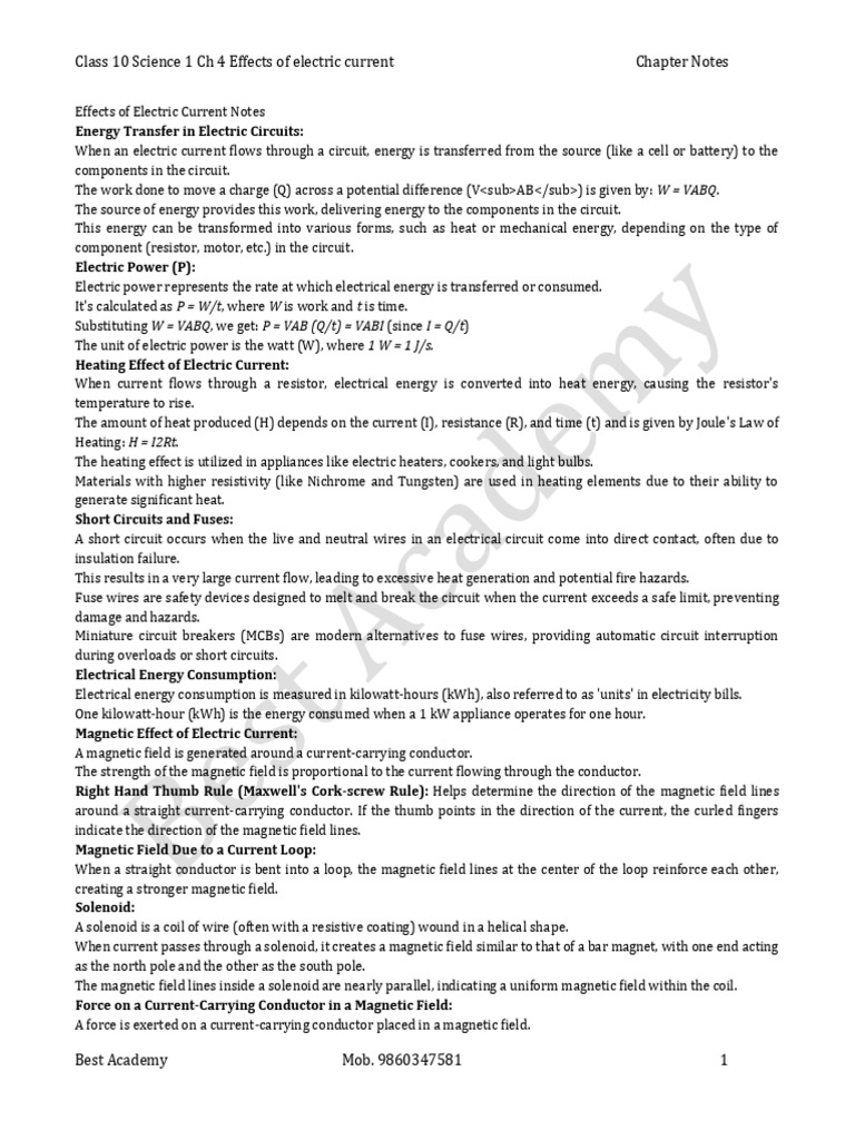 Class 10 Science 1 Chapter Notes Ch 4 Effects Of Electric Current Pdf
