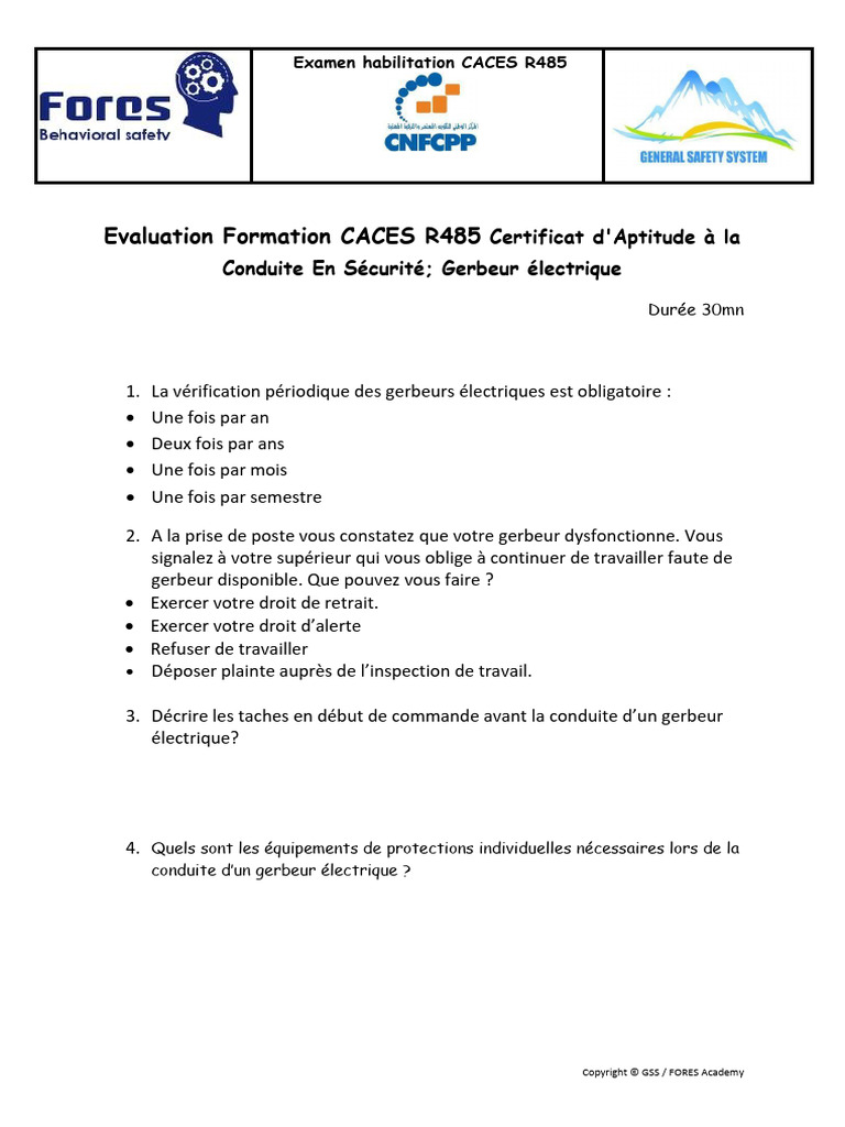 Examen CACES R485 Gerbeur Électrique | PDF