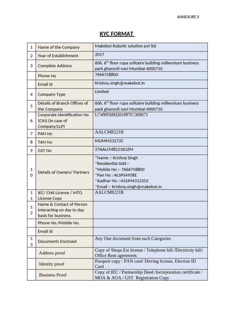 KYC Format for Makebot Robotics Pvt Ltd | PDF | Identity Document ...