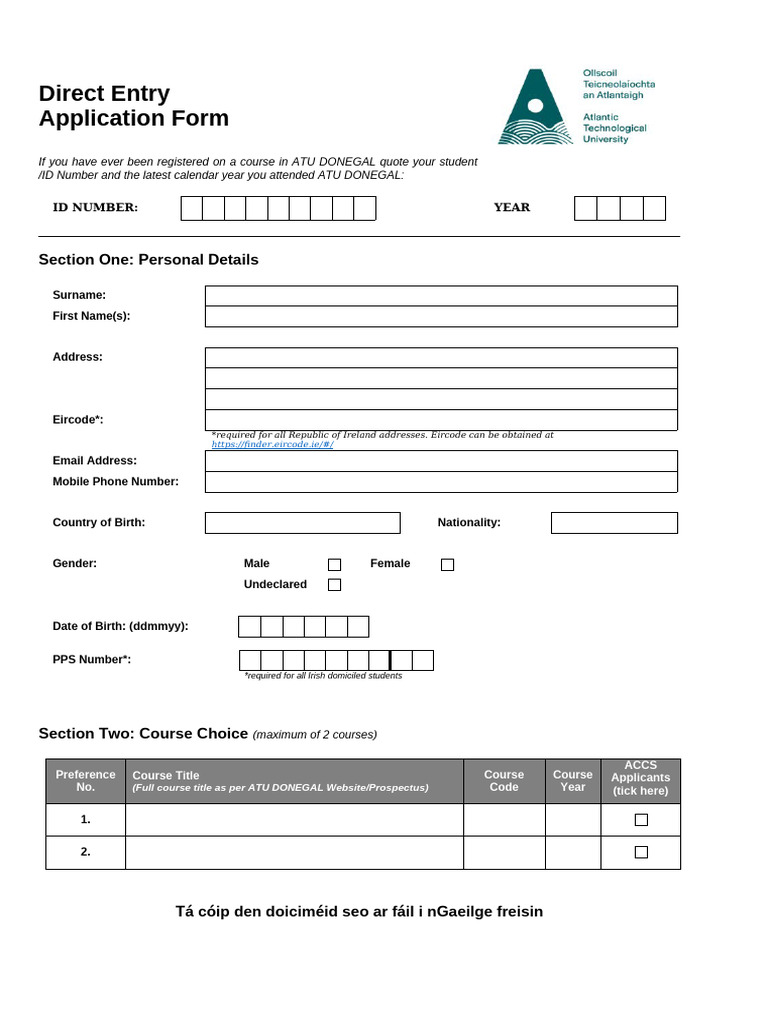 ATU Donegal Direct Entry Application Form | PDF | University And ...