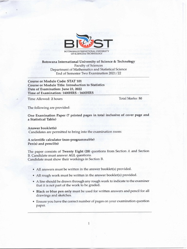 STAT 101 2021-2022 Exam | PDF