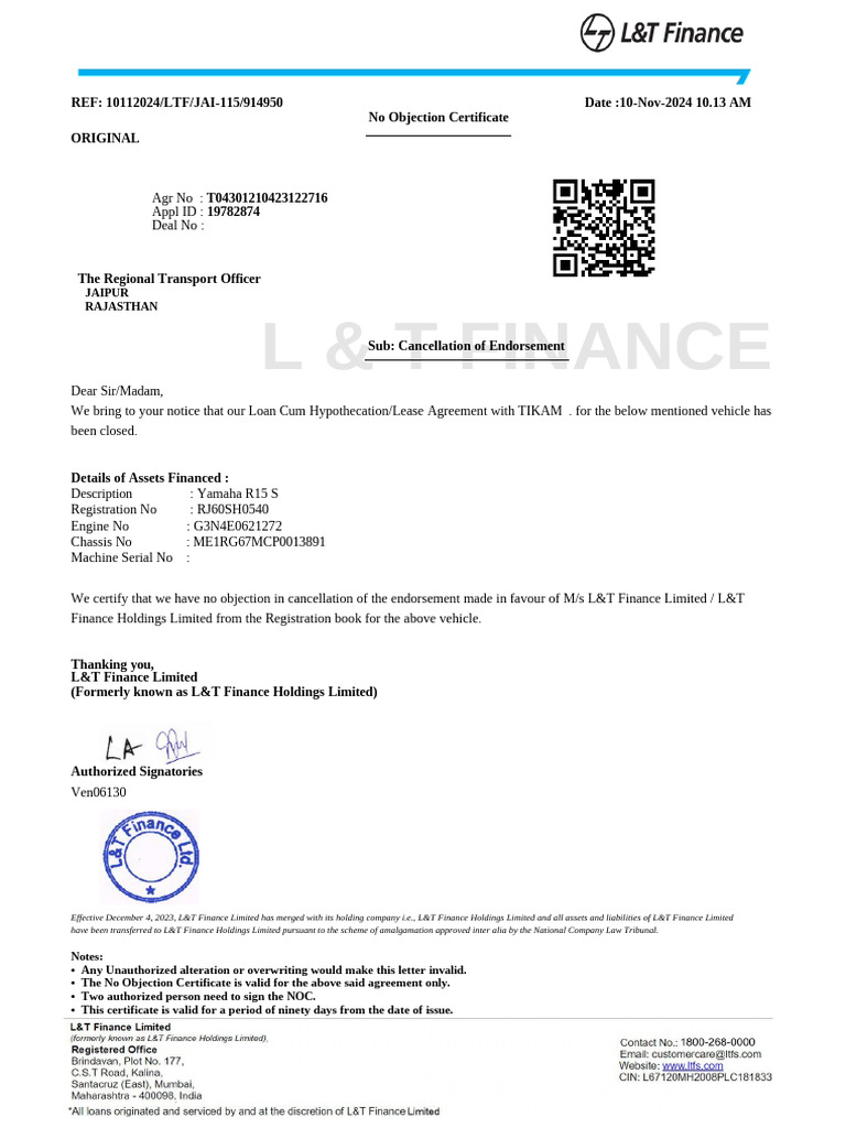 L&T Finance No Objection Certificate | PDF