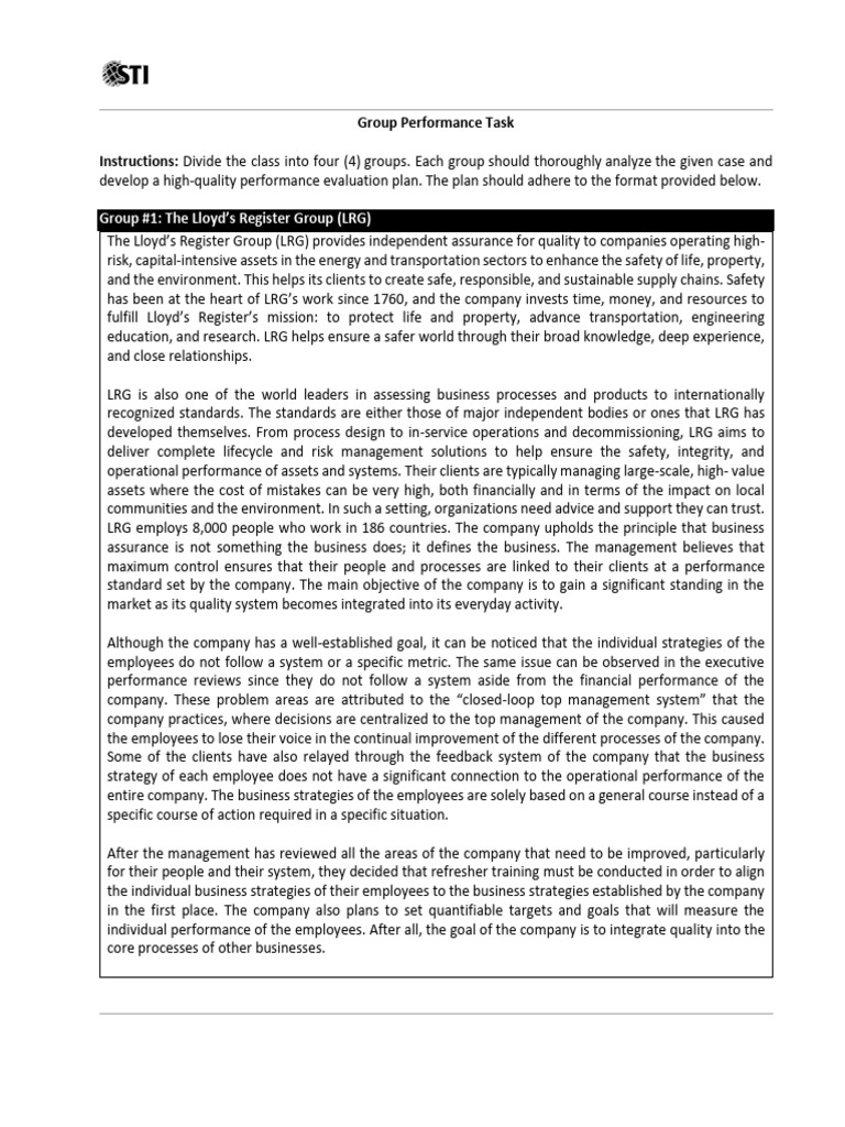 Group Performance Task Evaluation Plan | PDF | Safety | Goal
