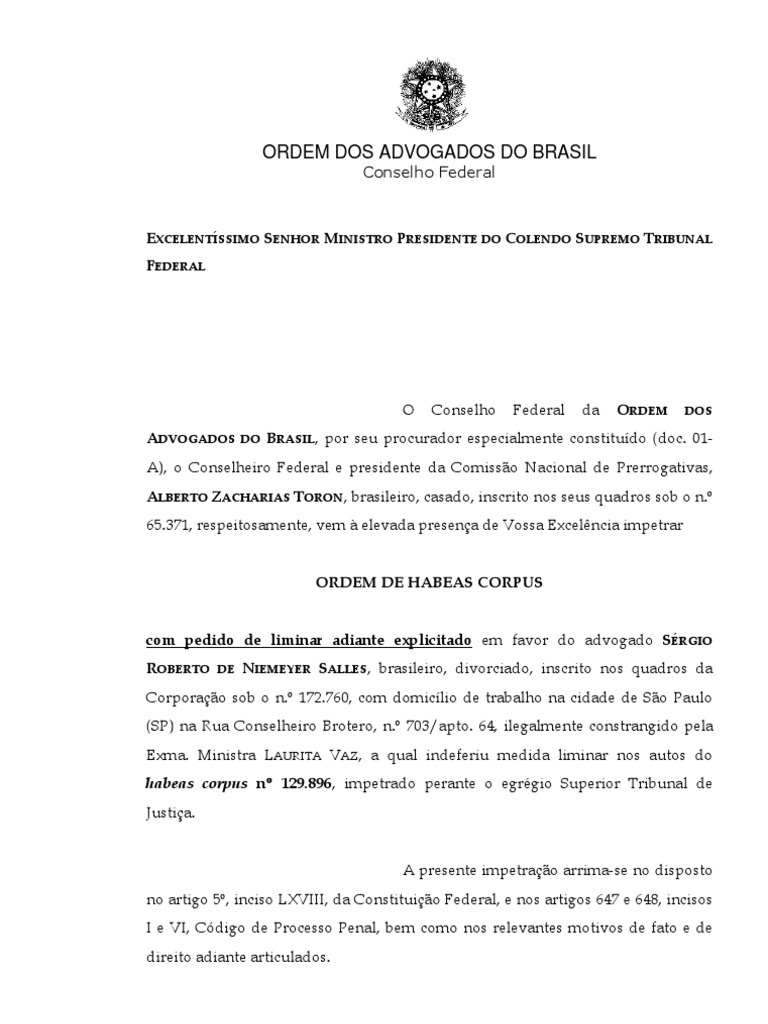 Modelo de Habeas Corpus | Advogado | Habeas corpus