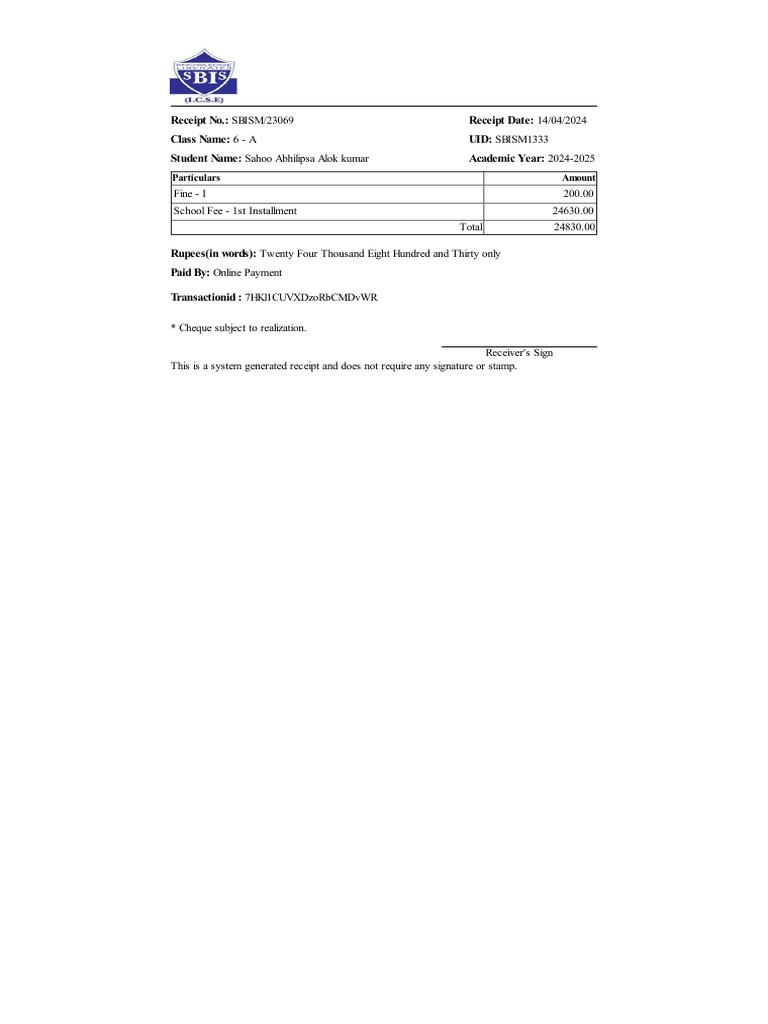 Receipt No.: Receipt Date: Class Name: Uid: Student Name: Academic Year ...