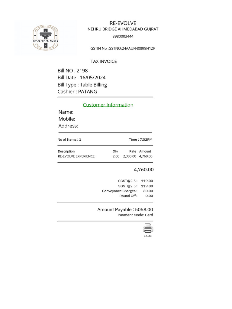 Patang Re-Evolve Invoice Details | PDF