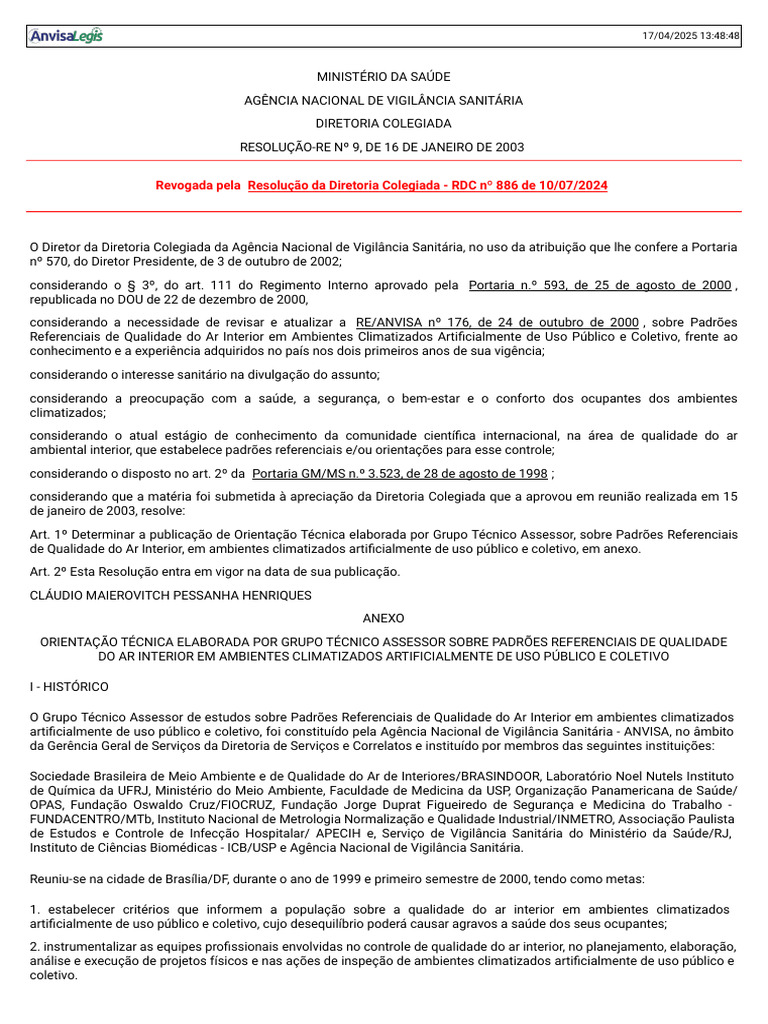 Revogação da RE 09/2003 pela RDC 886/2024 | PDF | Poluição do ar ...
