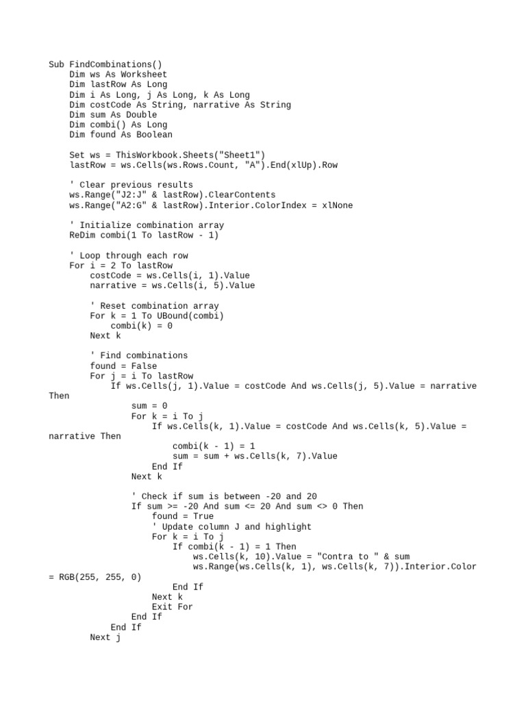 Excel VBA Find Combinations Script | PDF