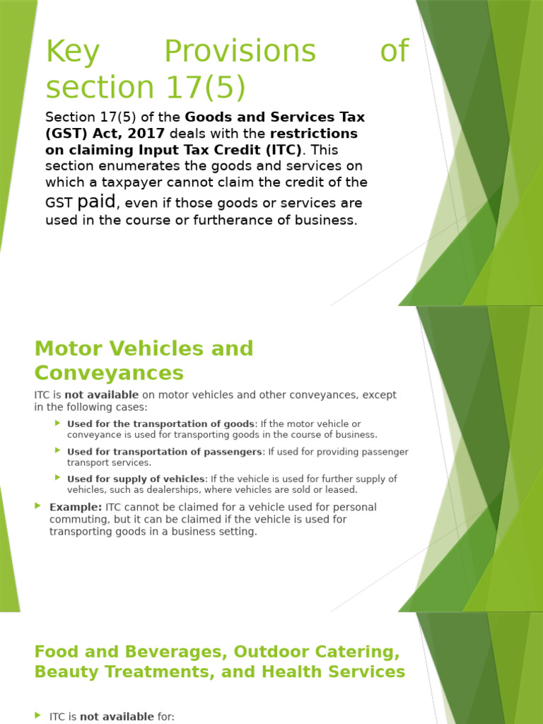 Section 17(5) GST: ITC Restrictions Explained | PDF | Economies | Taxation