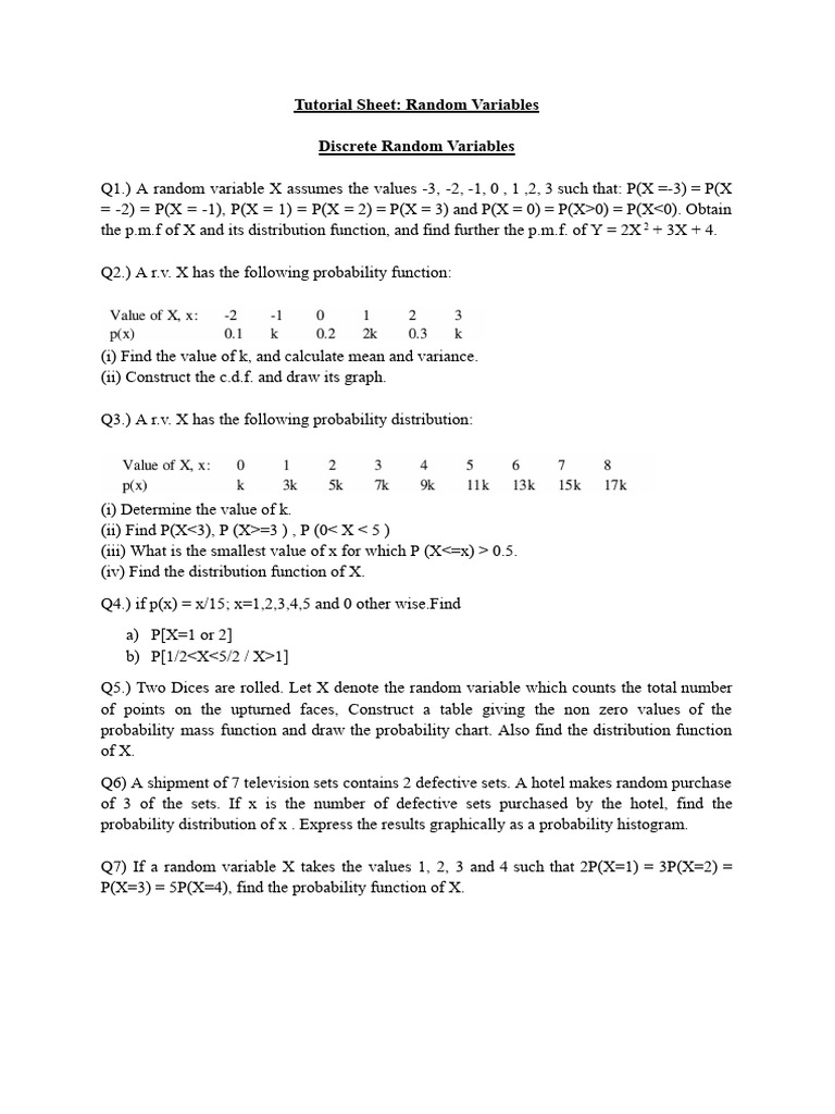 Question Sheet 4 - Random Variables | PDF | Probability Distribution ...