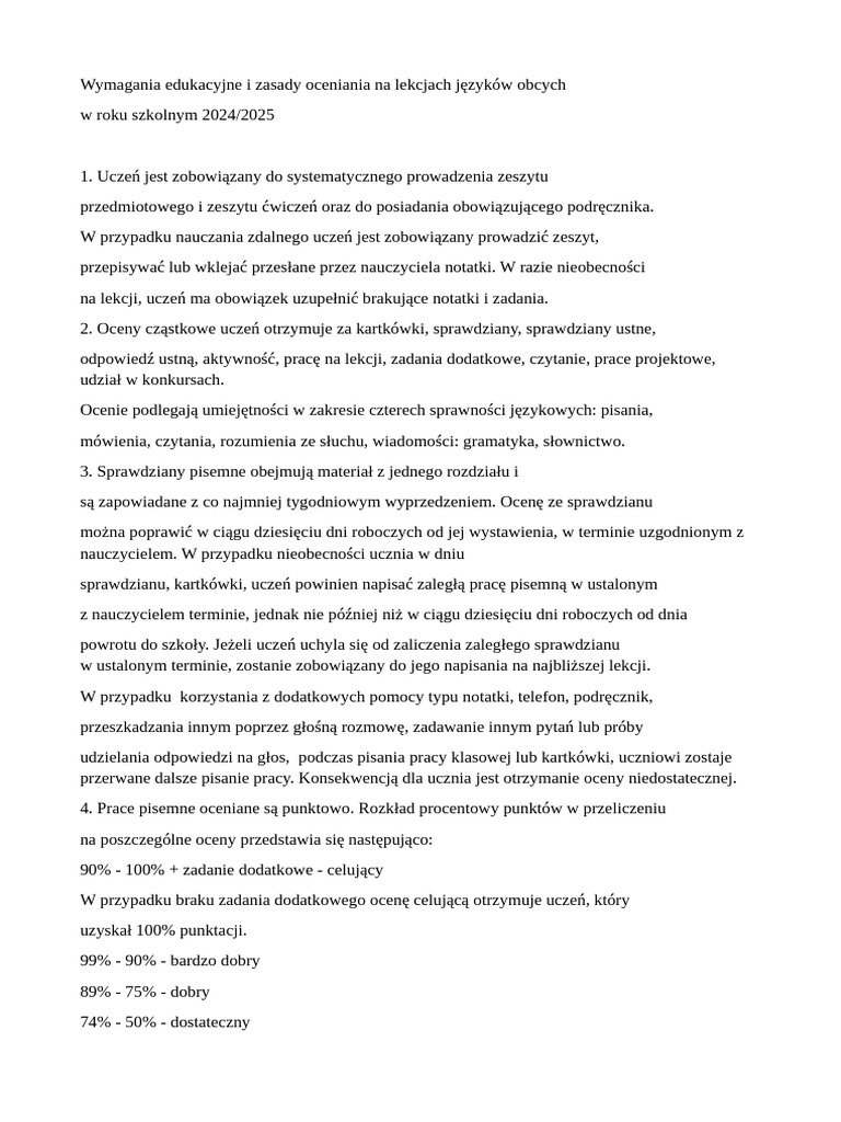 Zasady Oceniania Na Lekcjach J zyk w Obcych PDF