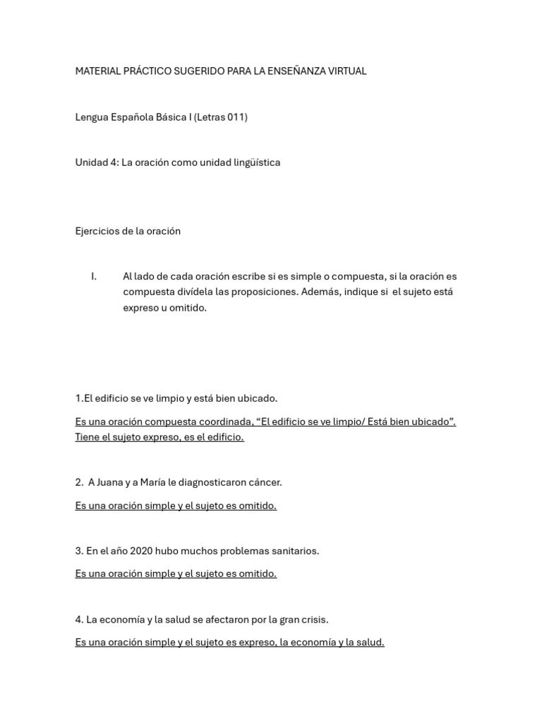 Práctica De Las Oraciones 1 Pdf Oración Lingüística Asunto