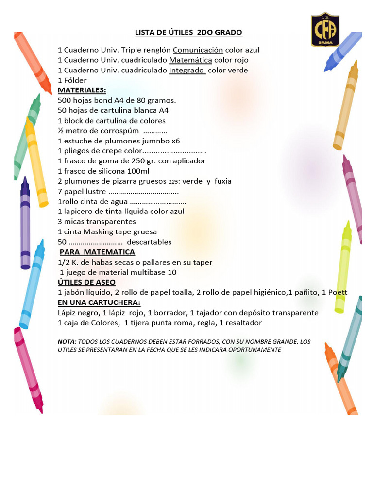 Lista de útiles escolares 2do grado | PDF
